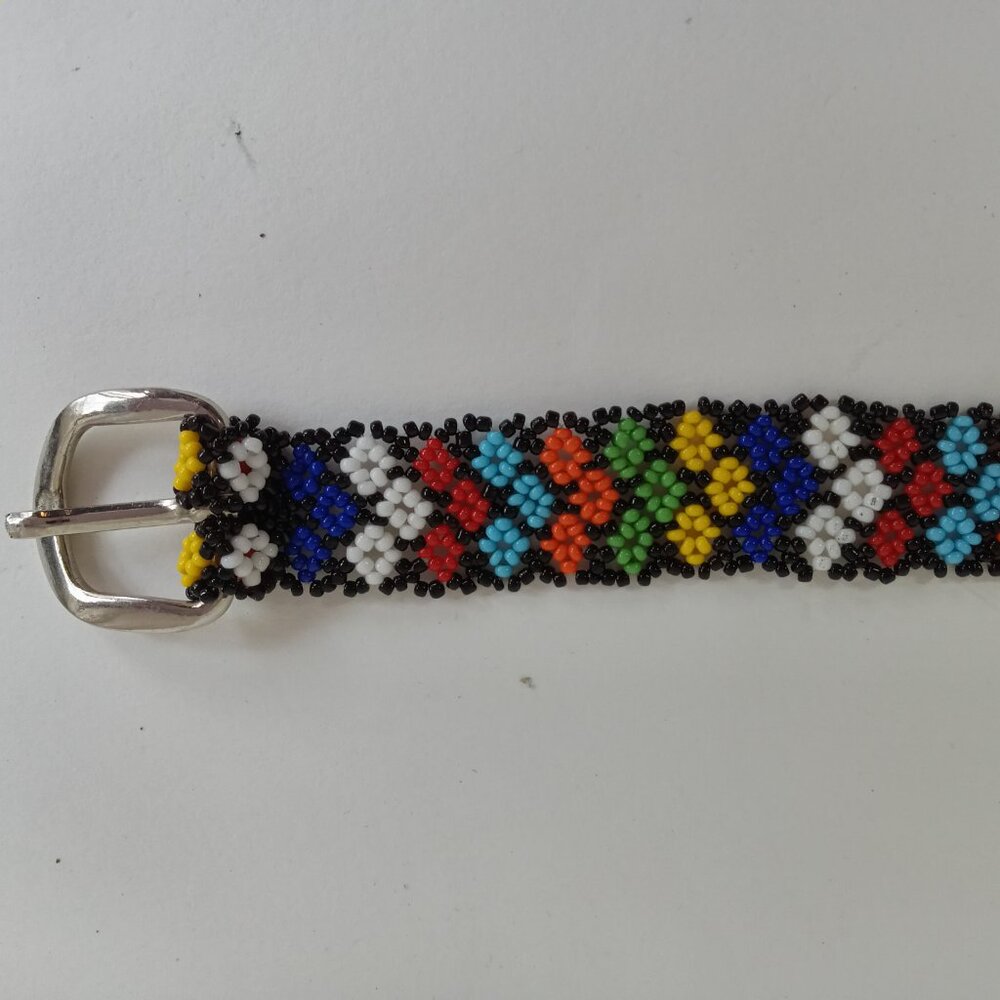 Vintage Handmade Bead Belt Black Rainbow Seed Girls 26” Flower Boho Hippie 70s